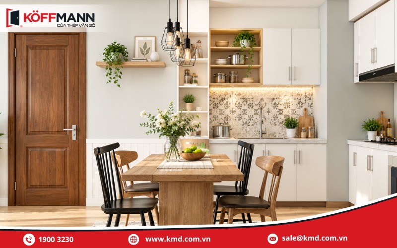 Mẫu cửa phòng bếp đẹp bằng gỗ tự nhiên