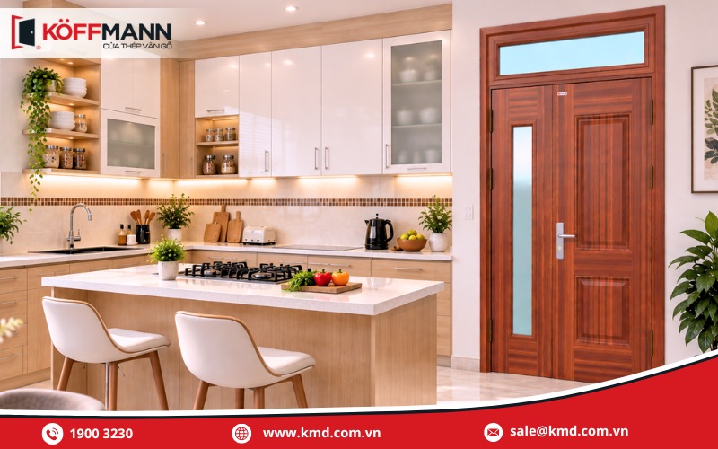 Mẫu cửa bếp đẹp bằng thép vân gỗ