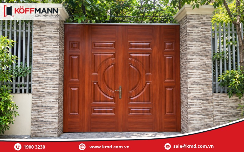 Mẫu cửa cổng thép vân gỗ