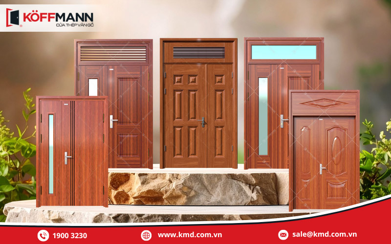 Cửa thép vân gỗ 2 cánh lệch