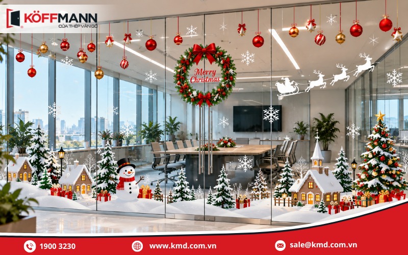 Ý tưởng trang trí Noel vách kính văn phòng đơn giản, không rườm rà