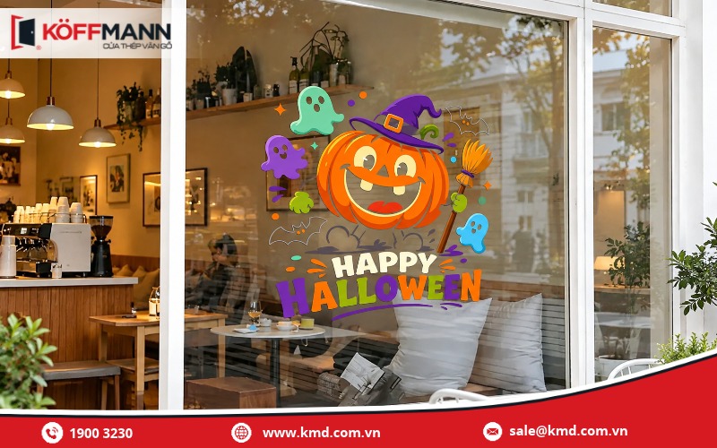 Trang trí cửa kính Halloween bằng decal bí ngô đội mũ phù thủy