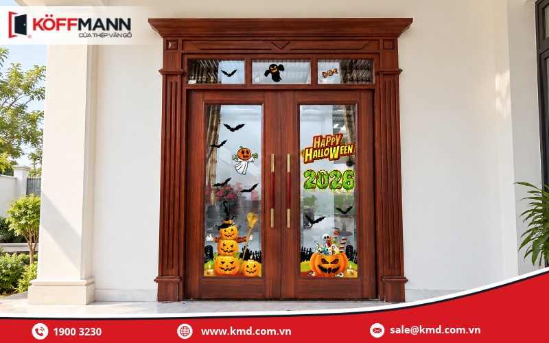 Trang trí cửa kính Halloween bằng decal bí ngô