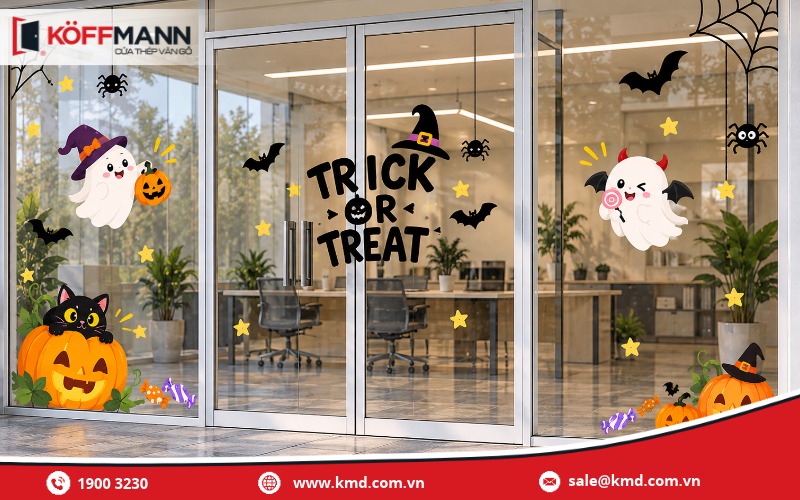 Trang trí cửa kính Halloween theo phong cách dễ thương