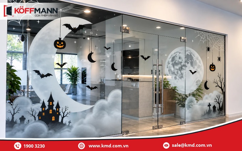 Trang trí cửa kính Halloween với mạng nhện, bí ngô và bóng ma